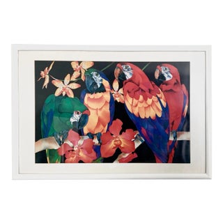 Parrots on a Branch Vivid Color Framed Watercolor Print For Sale