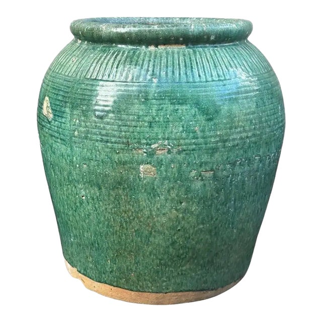 Vintage Chinese Green Glazed Ceramic Soy Sauce Jar For Sale