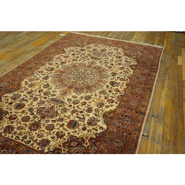 Persian 1940s Classic Beige Antique Medallion Tabriz Northwest Knotted Silk Carpet Rug For Sale - Image 3 of 6