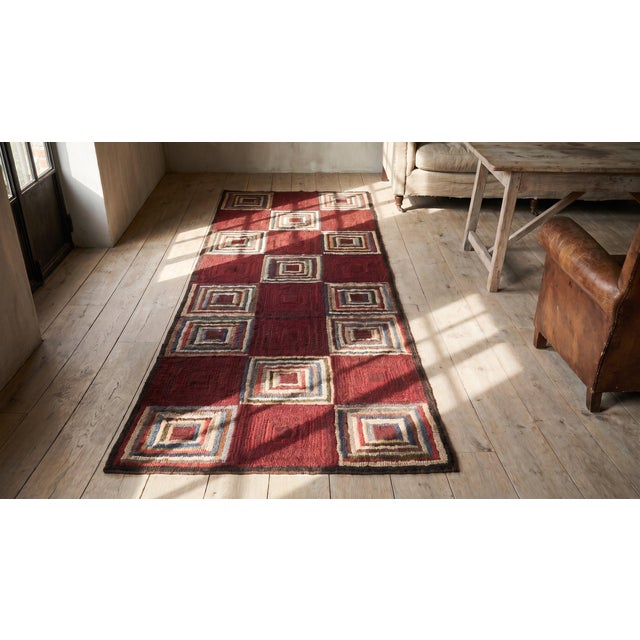 Textile 1930s Colorful Log Cabin Folk Art Antique American Hooked Rug 2' 2" X 6' 6" Handknotted Wool Carpet For Sale - Image 7 of 9