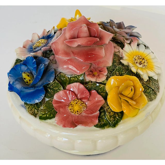 Vintage Capodimonte Made in Italy Barbotine Applied Flowers Covered Bowl For Sale - Image 4 of 12