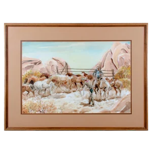 Mid 20th Century Horse Wranglers Watercolor Painting