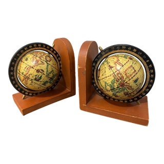 Vintage MCM Wood Rotating Globe Old World Map Bookends For Sale