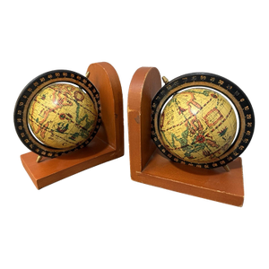 Vintage MCM Wood Rotating Globe Old World Map Bookends