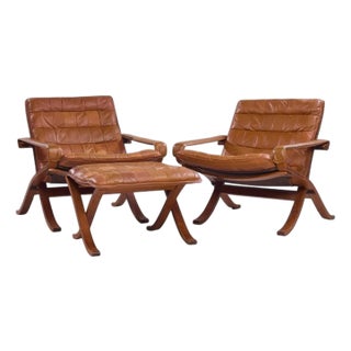 Westnofa Mid Century Norwegian Bentwood and Leather Lounge Chairs - Pair For Sale