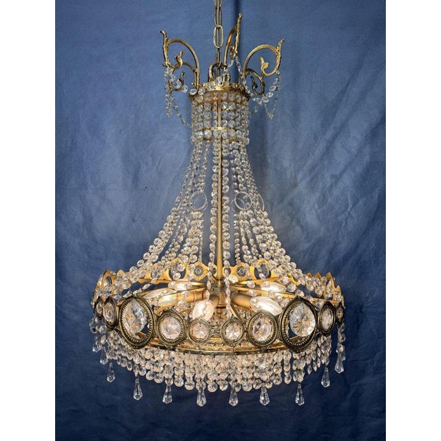 French Brass and Crystal Cascading Chandelier, 1960s For Sale - Image 9 of 10