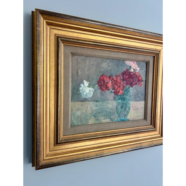 Late 20th Century Vintage Signed Original Oil on Board Still Life Red, Pink & White Carnations in Blue Glass Vase For Sale - Image 5 of 15
