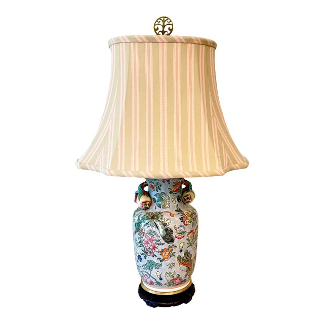 Vintage Kaiser Kuhn Butterfly, Fruit, and Flora Lamp With Silk Shade For Sale