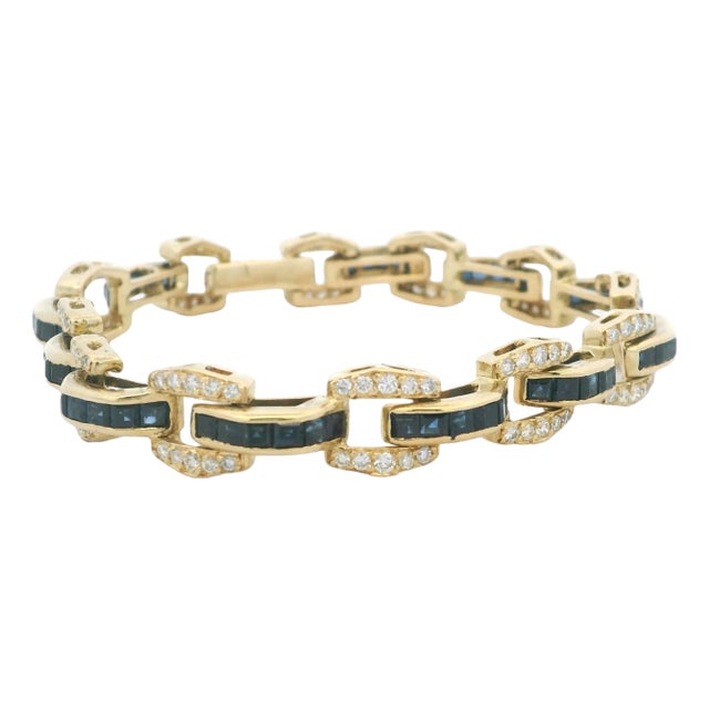 Vintage 18K Gold Bracelet with Channel-Set Sapphires and Pavé Diamonds, 1980s For Sale