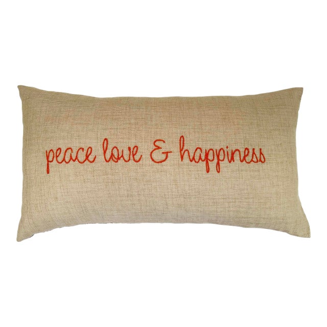 "Peace Love & Happiness" Embroidered Pillow For Sale