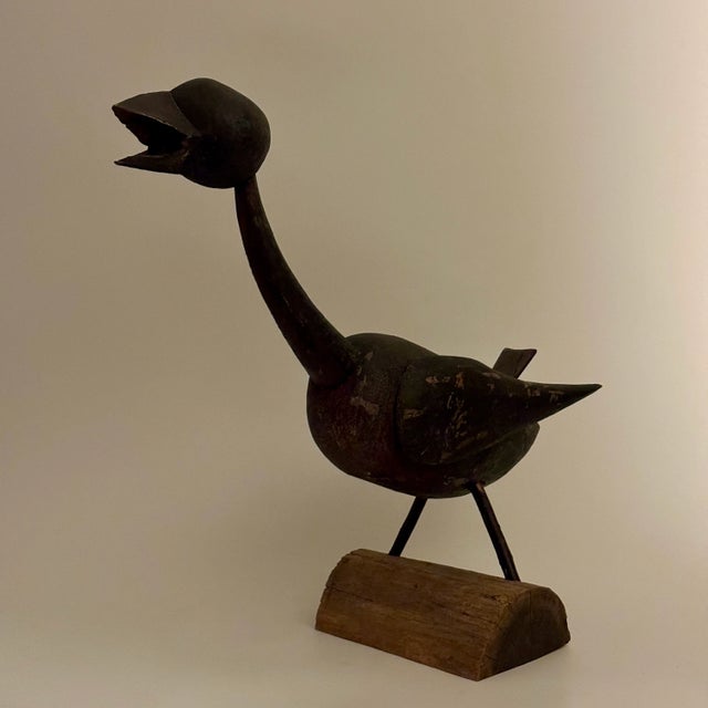 Folk Art Early 20th Century Large Folk Art Wooden Sculpture of Bird With Long Neck & Open Beak For Sale - Image 3 of 12