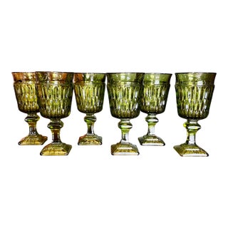 1960s Mid-Century Modern Avocado Green Diamond Point Goblets – Elegant Set of 6 For Sale