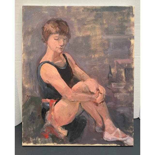 Vintage canvas painting of a young woman at ballet class. You can almost hear the piano playing. Red sash around her...