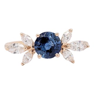 Ceylon Sapphire Ring With Natural Diamond Accents in Solid 14k Yellow Gold, 5mm, Size 6.75 For Sale