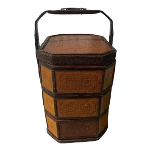 Mid 20th Century Chinese Rattan and Bamboo Wedding or Lunch Basket with Brass Decor
