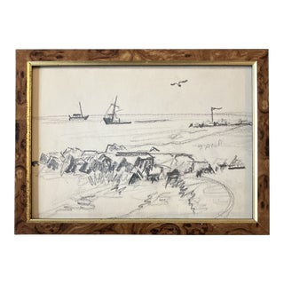 1950’s Original Charcoal Study Drawing Rocky Beachfront With Boats Framed For Sale