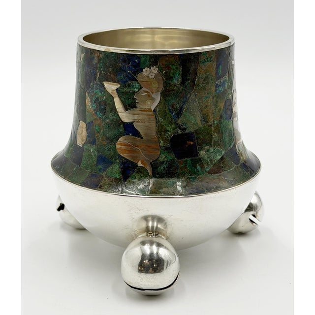 Metal 1970s Rare Los Castillo Tripod Vase With Malachite, Lapis, Azurite & Turquoise Inlay For Sale - Image 7 of 18
