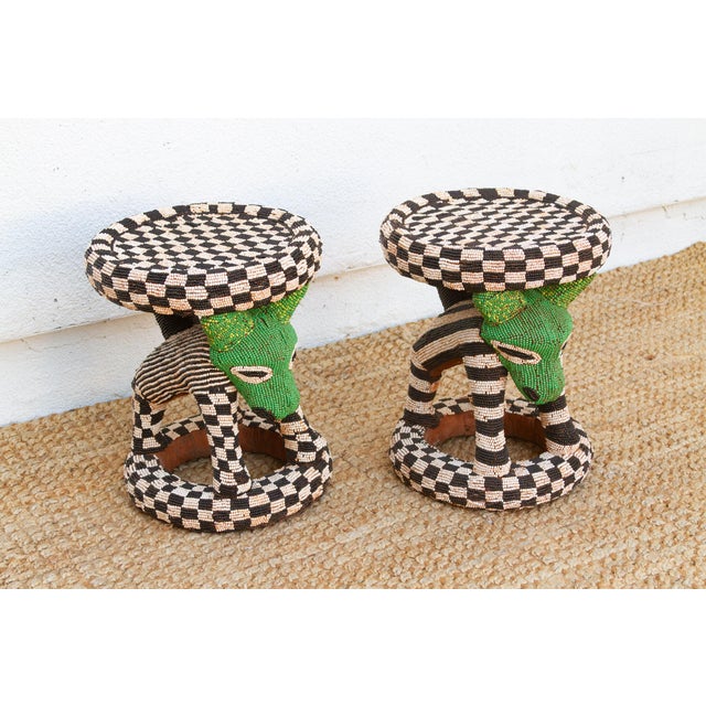 1980s Pair of Vintage Beaded Bamileke Leopard Stools For Sale - Image 5 of 10