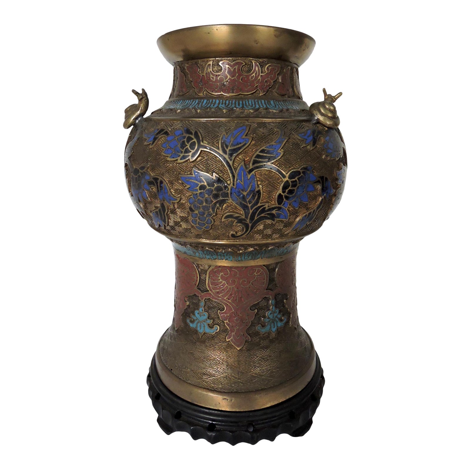 Early 20th Century Antique Japanese Champleve Cloisonné Engraved Vase (Urn) With Three Snails