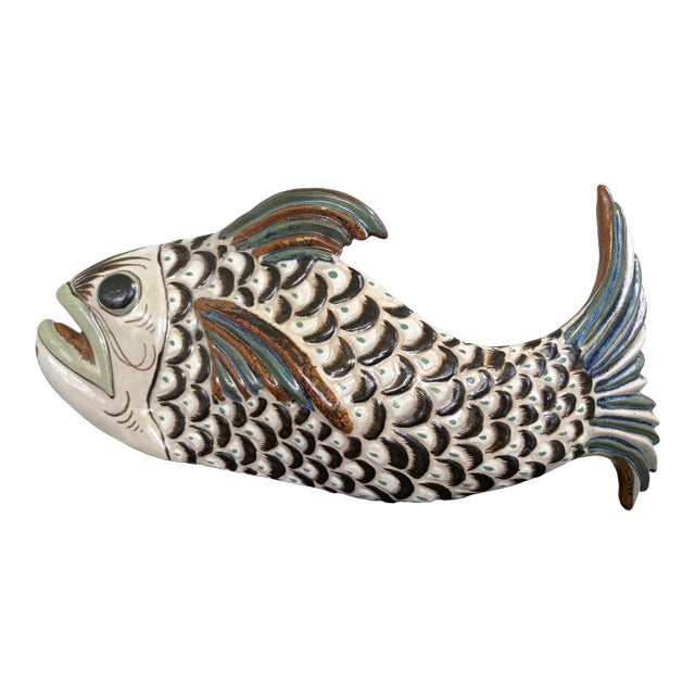 1970s Ken Edwards Handpainted Tonala Mexico Pottery Stoneware Large Fish For Sale