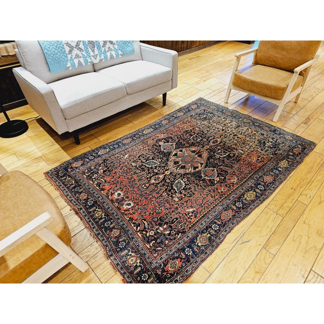 Early 20th Century Persian Bidjar Rug, Hand-Knotted Wool, Medallion Geometric Pattern, Red & Blue, 5x7 For Sale - Image 15 of 18