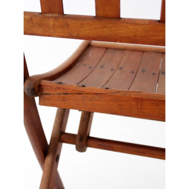 Wood Antique Slat Wood Folding Chairs Set 4 For Sale - Image 7 of 14