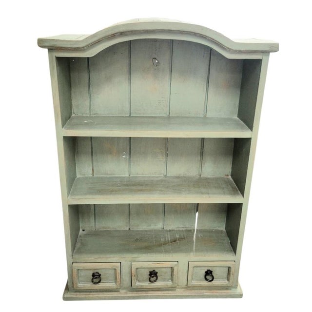 1980s Vintage Rustic French Country Pale Green 3 Drawer Arched Distressed Wall Cabinet Shelving Unit For Sale - Image 5 of 13