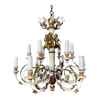 Rococo Chandelier With Gilt Putti and Hand-Painted Ir For Sale