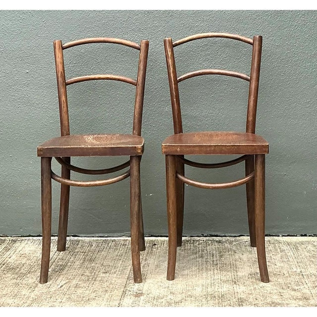 This pair of vintage bentwood dining chairs showcases the classic curved silhouette associated with early 20th-century...