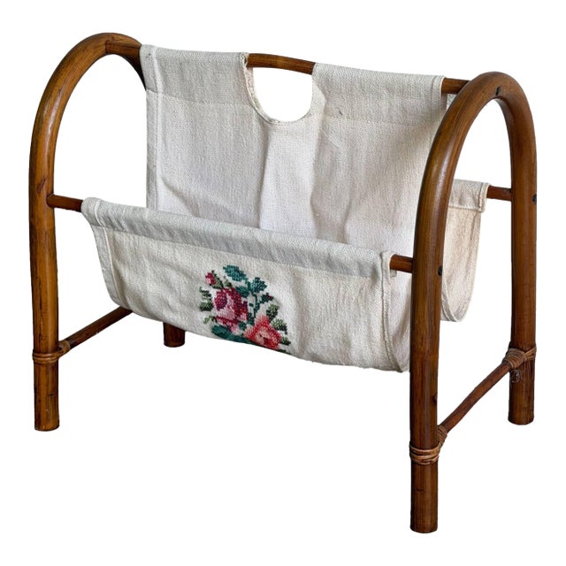 Rattan Magazine Rack With Floral Embroidered Canvas Mid-Century Modern 1970s For Sale