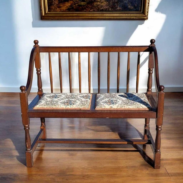 Vintage Spindle Back Wood Settee With Floral Cushions For Sale - Image 15 of 16