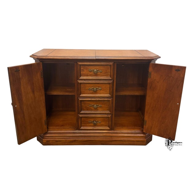 French Provincial Vintage American of Martinsville French Country Style Oak & Burl Wood Flip Top Server / Storage Cabinet For Sale - Image 3 of 12