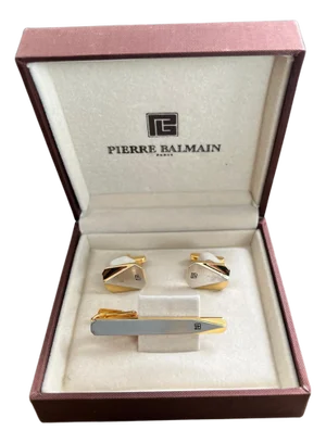Rare Vintage Balmain 1980s Cufflinks & Tie Bar In Original Champagne Velvet Case