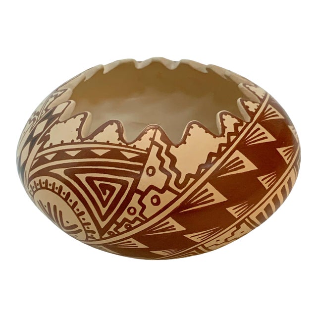 Vintage Southwestern Geometric Pottery Bowl With Hand-Painted Tribal Motifs For Sale