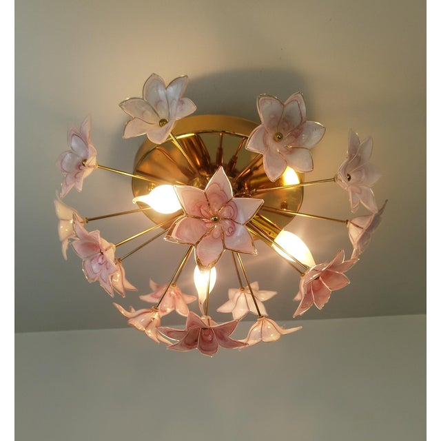 Murano Style Flush Mount Pink Flower Ceiling Light Glass Chandelier For Sale - Image 10 of 13