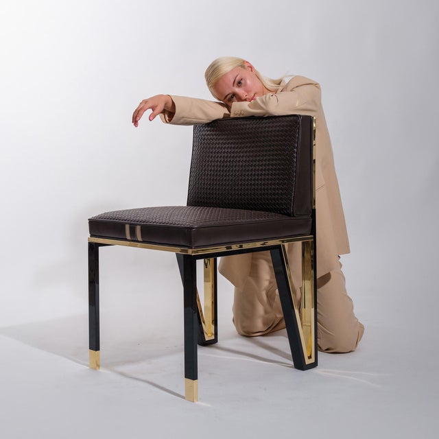 Bizimyer Furniture, "Stella" Chair With Bronze and Exclusive Woven Leather, Tailor Made, Istanbul For Sale - Image 14 of 18
