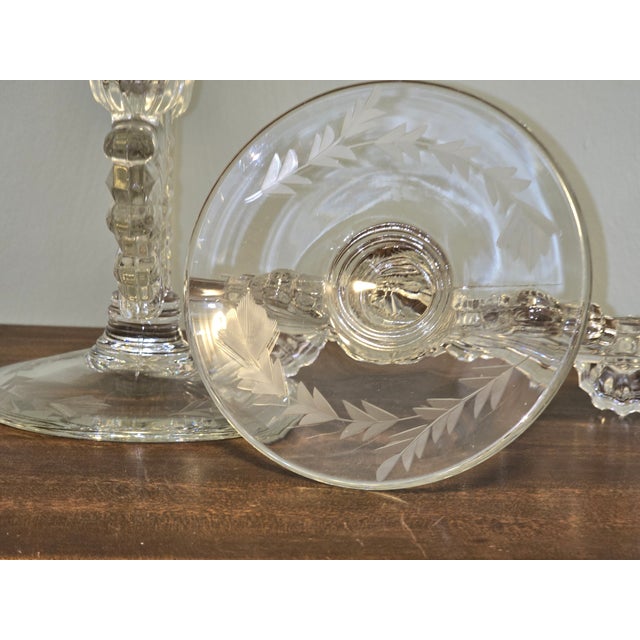 Transparent Vintage Pressed‑Glass Candlesticks With Etched Leaf Bases — Pair For Sale - Image 8 of 12