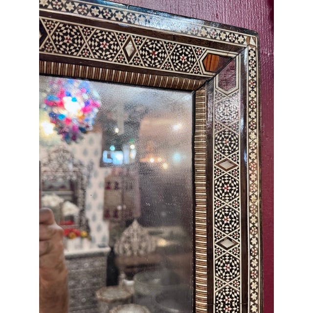 Vintage Marquetry Wood Inlay Mirror With Mother-of-Pearl Accents For Sale - Image 4 of 6