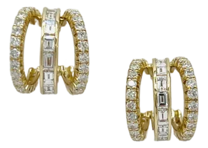 Baguette and Round Diamond Triple Semi Hoop Earrings in 14k Yellow Gold, A Pair
