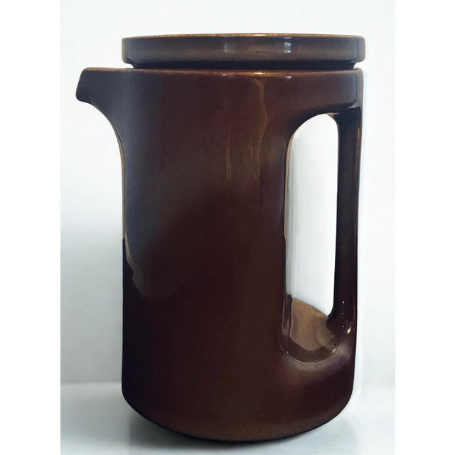 French ¿adónde? French Stoneware Pitcher Cylinders Blue Brown Glaze Gutierrez Serin 6” For Sale - Image 3 of 8