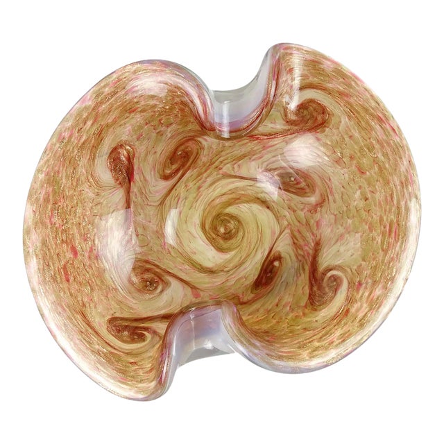 Vintage Murano Fratelli Toso Opal Pink Aventurine Swirl Italian Art Glass Mid-Century Bowl Dish For Sale