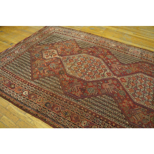 Early 20th Century 1900s Ivory Red Geometric Tribal Antique Persian Ghashgaie Gallery Rug 6'3" X 11'8" Handknotted Wool Carpet For Sale - Image 5 of 11