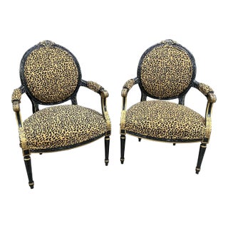 Animal Print Ebonized Jansen French Style Armchairs - Pair For Sale