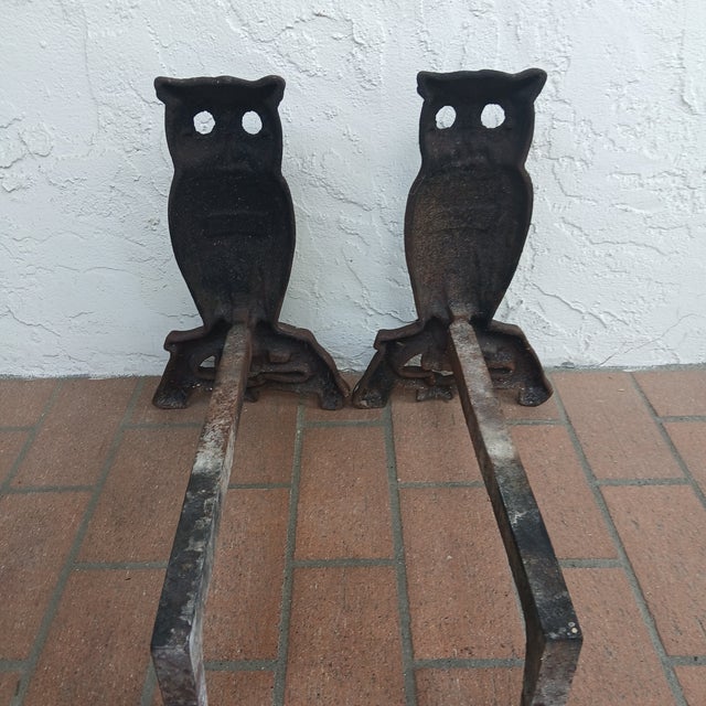 Striking Pair of Antique Owl Andirons For Sale - Image 4 of 4