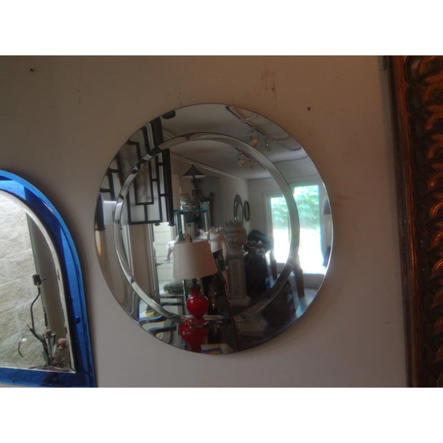 Italian Modern Fontana Arte Inspired Beveled Mirror. Stunning Italian mid century modern round beveled mirror in the...