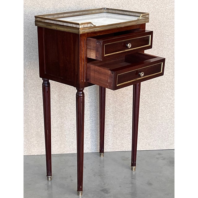 20th Century Pair of Louis XVI Style Marble-Top, Bronze and Walnut Nightstands For Sale - Image 6 of 12