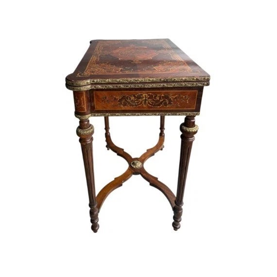 19th-Century French Louis XVI-Style Marquetry Game Table With Brass Ormolu Trim For Sale - Image 9 of 12