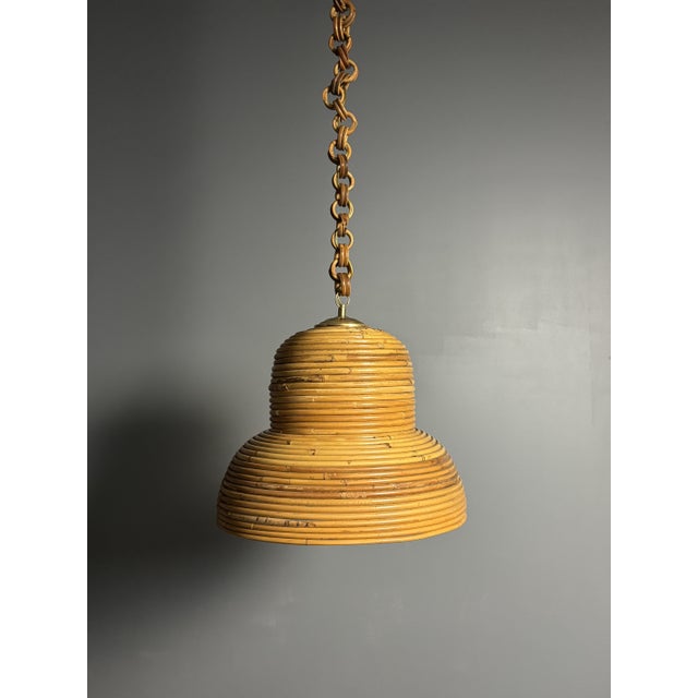 Mid-Century Italian Pencil Reed Rattan Bamboo and Brass Hanging Pendant Lamp, 1970s For Sale - Image 4 of 14