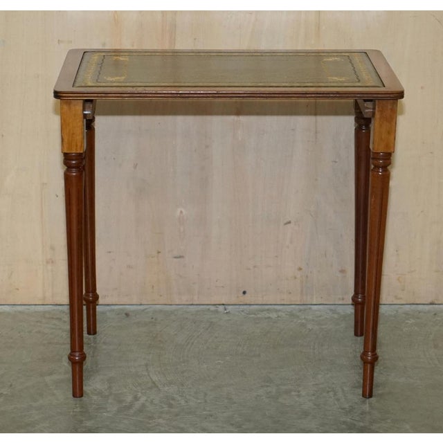 Vintage Nest of Three Hardwood with Gold Leaf Embossed Green Leather Tops Tables, Set of 3 For Sale - Image 5 of 18