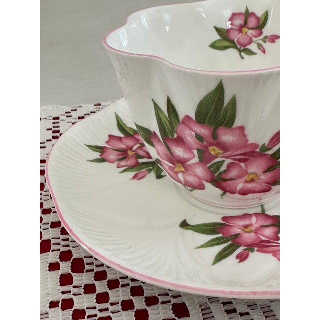 Shelley 1950s Shelley Pink Oleander Tea Cup & Saucer: Dainty English Bone China Teacup For Sale - Image 4 of 6